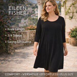 Eileen Fisher Black Stretch Midi Dress 3/4 Sleeve Minimalist SZ XL Relaxed Fit